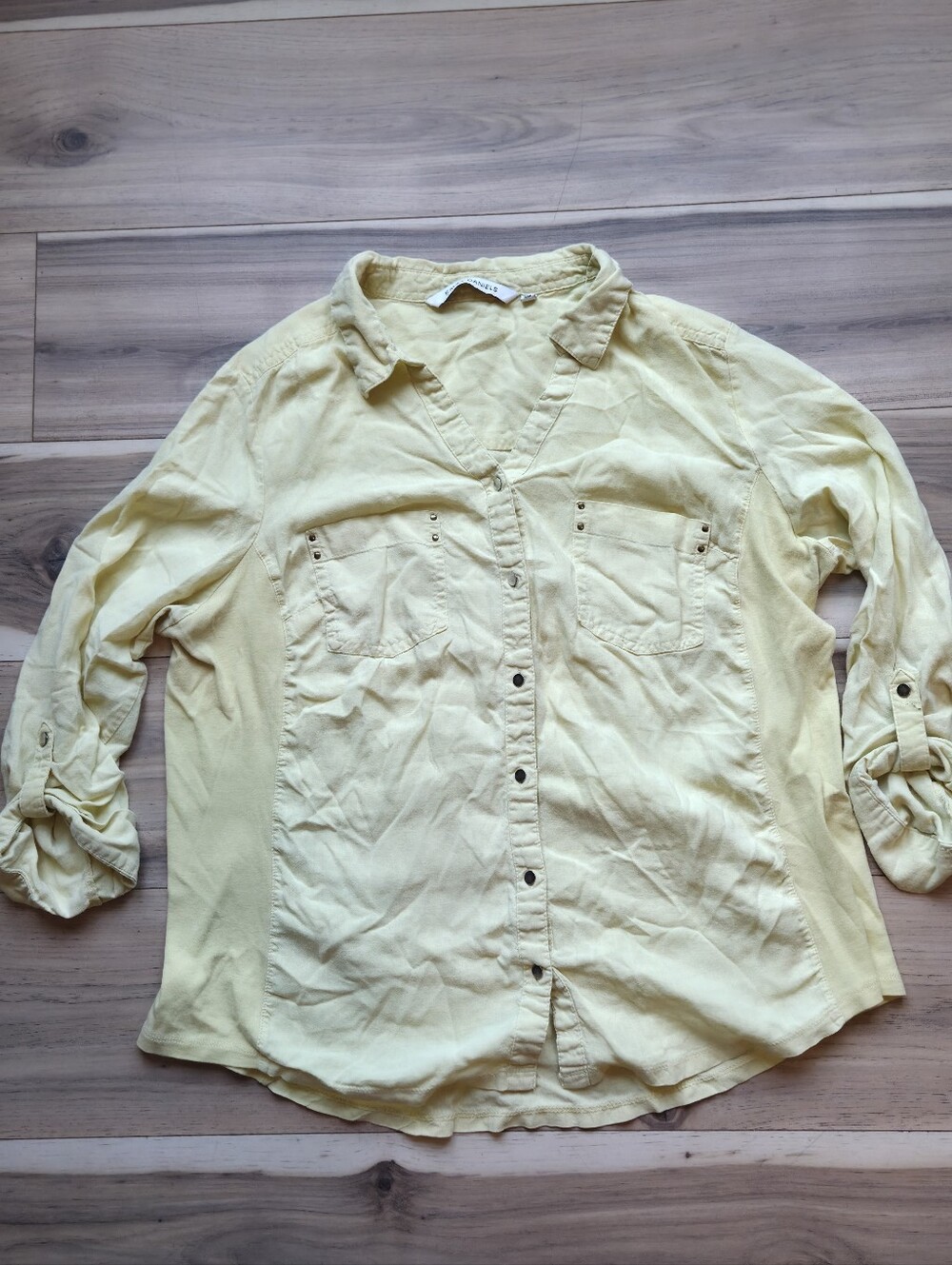Emily Daniels Yellow Button Down Shirt Roll Tab Long Sleeve Pocket Blouse Size L